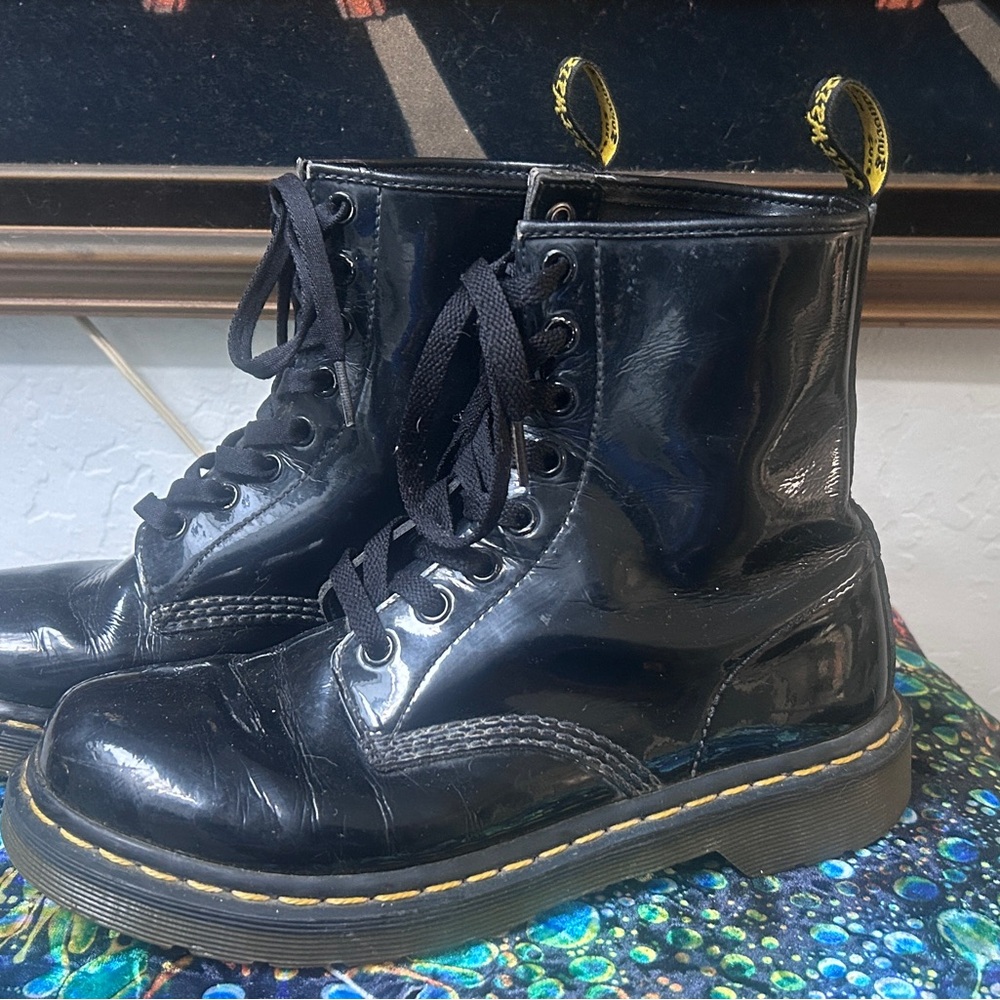 Black Patent Leather Lace-Up Doc Marten Boots with Yellow Stitching